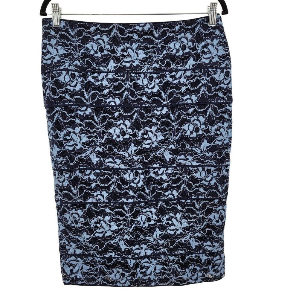 Vintage Y2K‎ Ralph Lauren Formal Floral Lace Pencil Skirt 6 Navy Blue Below Knee